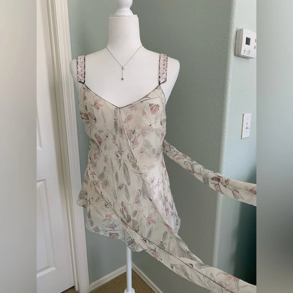 Vintage Max Studio Elegant Floral Top Embellished Straps Silk Sequins Size M - Picture 2 of 9